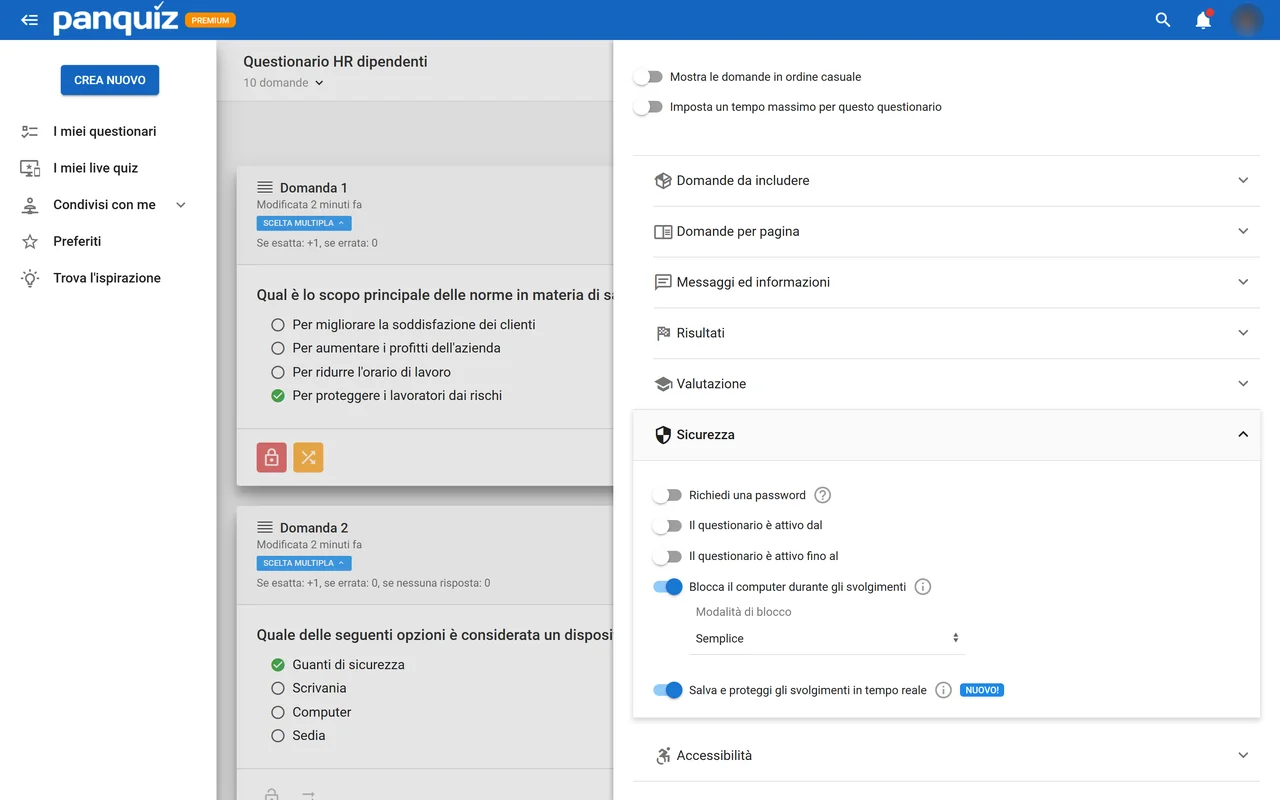 Opzioni di sicurezza di una prova in PanQuiz, incluso il blocco del computer durante la prova e il salvataggio delle risposte in tempo reale