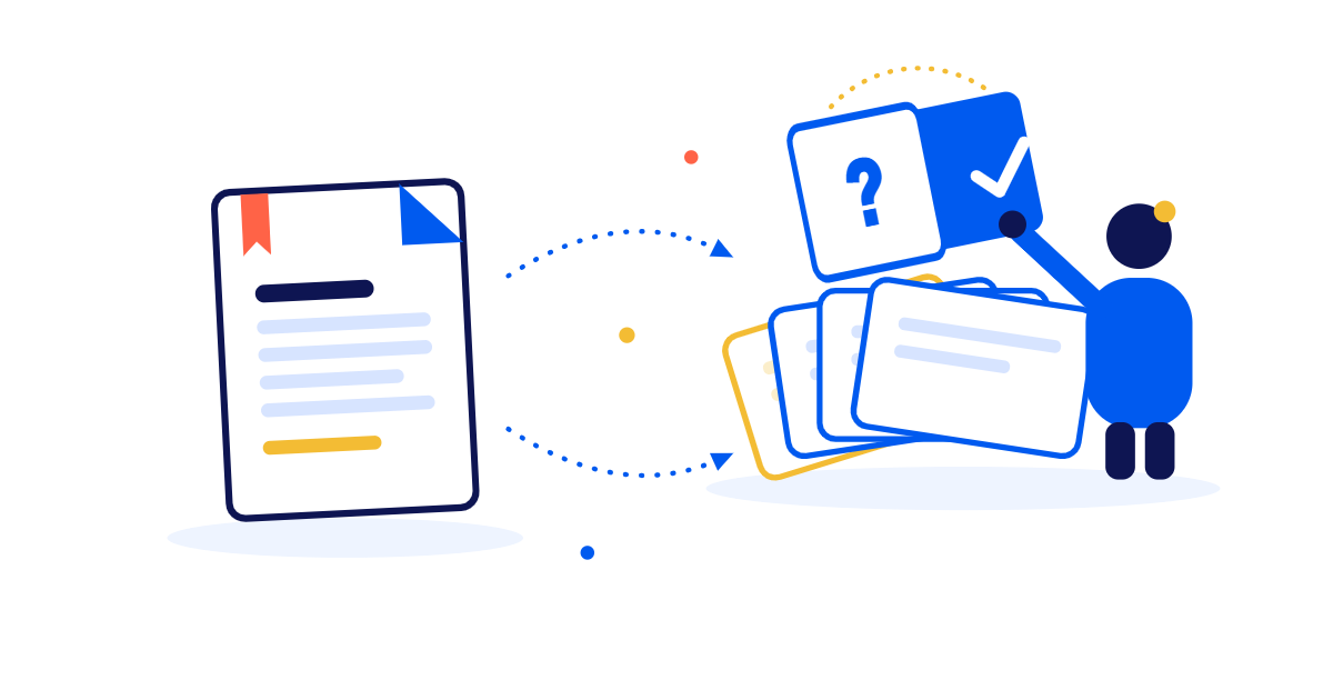 A PDF document turning into a stack of flashcards, with a figure holding up a question card