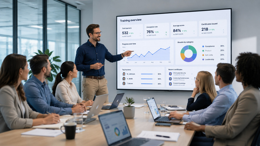 Trainer presenting a PanQuiz training dashboard to a business team in a meeting room