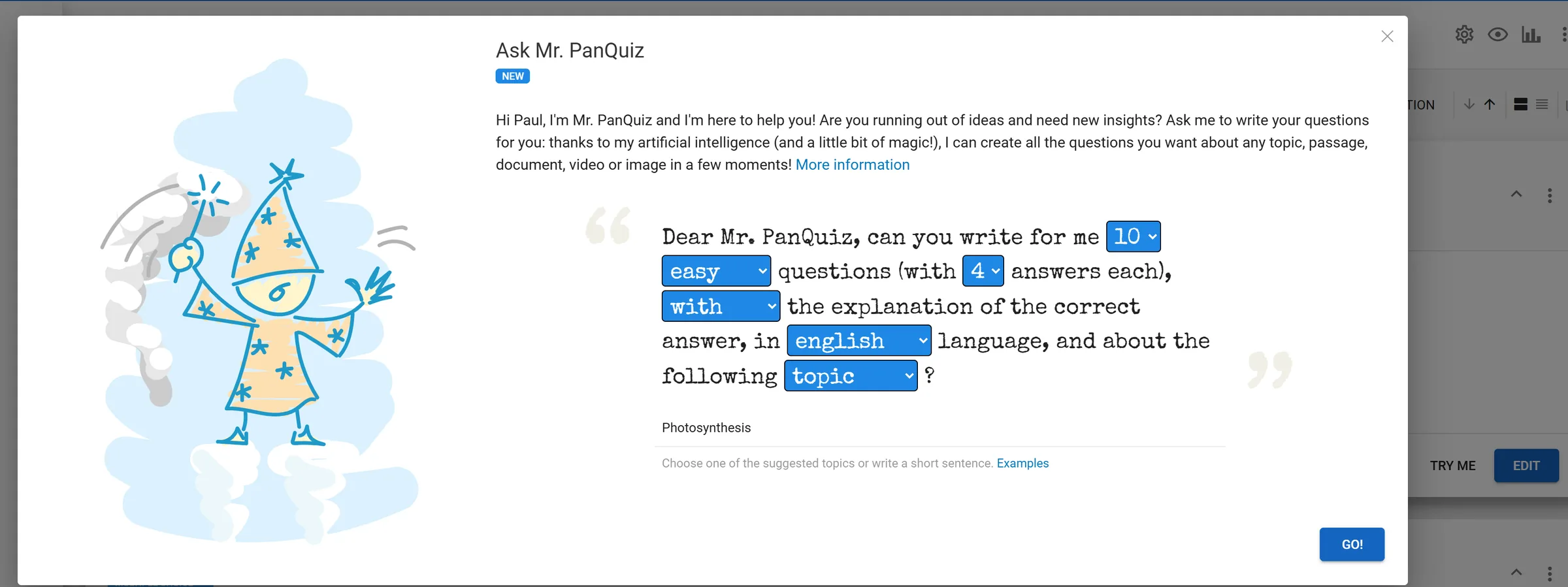PanQuiz AI quiz maker generating questions about photosynthesis for a class