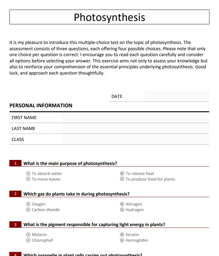 A PanQuiz quiz printed as a paper test with multiple-choice questions
