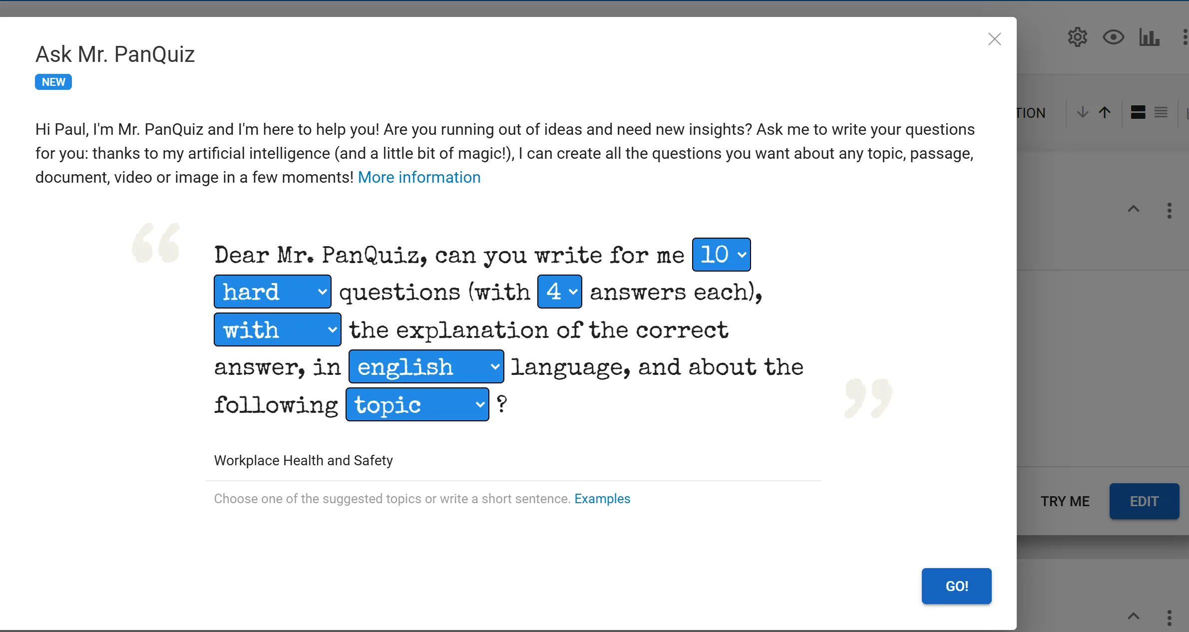 PanQuiz AI assistant generating assessment questions from a topic in one click